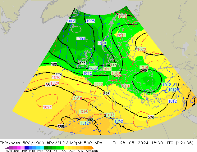 Espesor 500-1000 hPa UK-Global mar 28.05.2024 18 UTC