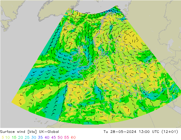 Surface wind UK-Global Tu 28.05.2024 13 UTC