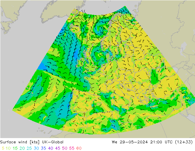 Surface wind UK-Global We 29.05.2024 21 UTC