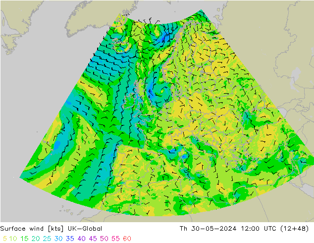 Surface wind UK-Global Čt 30.05.2024 12 UTC