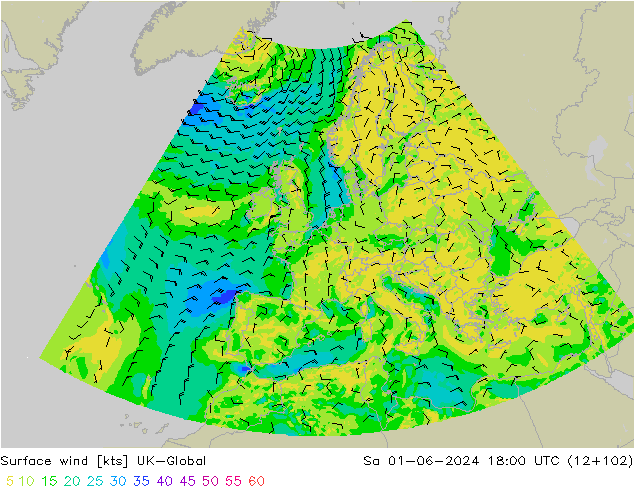 Wind 10 m UK-Global za 01.06.2024 18 UTC