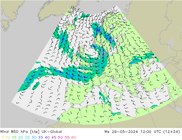 Wind 850 hPa UK-Global St 29.05.2024 12 UTC