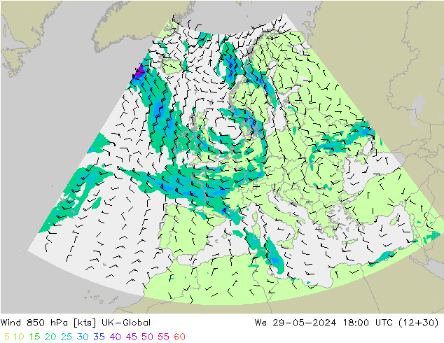 Wind 850 hPa UK-Global wo 29.05.2024 18 UTC