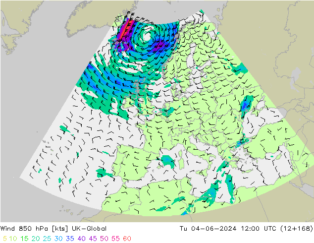 Wind 850 hPa UK-Global Di 04.06.2024 12 UTC