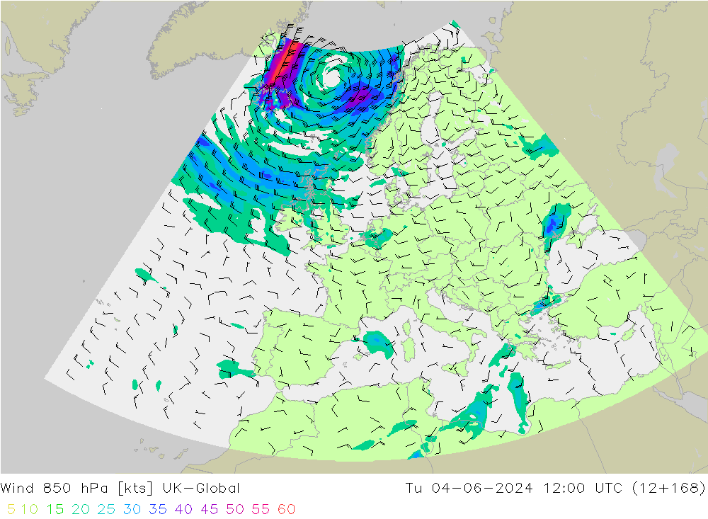 Wind 850 hPa UK-Global Tu 04.06.2024 12 UTC