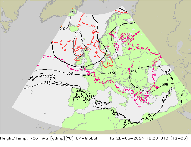 Height/Temp. 700 hPa UK-Global  28.05.2024 18 UTC