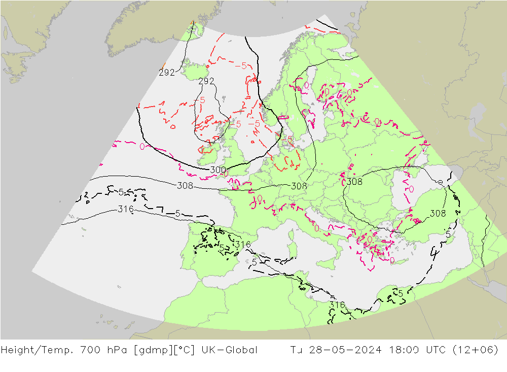 Height/Temp. 700 hPa UK-Global Tu 28.05.2024 18 UTC