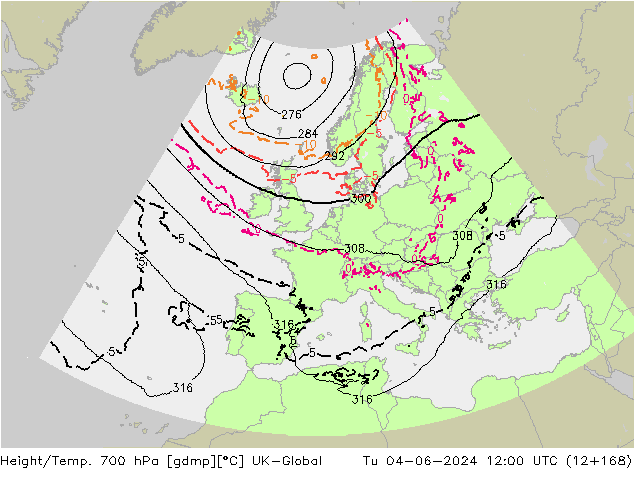 Height/Temp. 700 hPa UK-Global Tu 04.06.2024 12 UTC