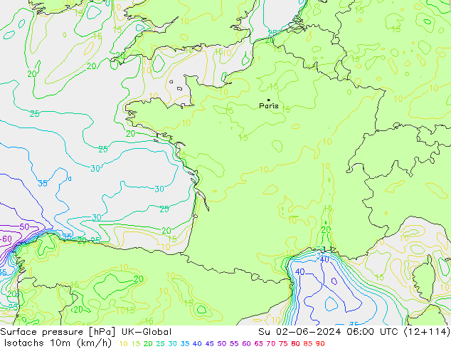Isotachs (kph) UK-Global  02.06.2024 06 UTC