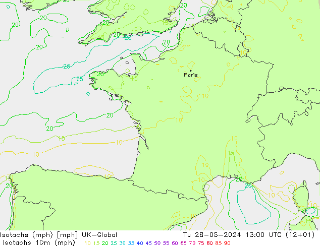 Isotachs (mph) UK-Global Út 28.05.2024 13 UTC