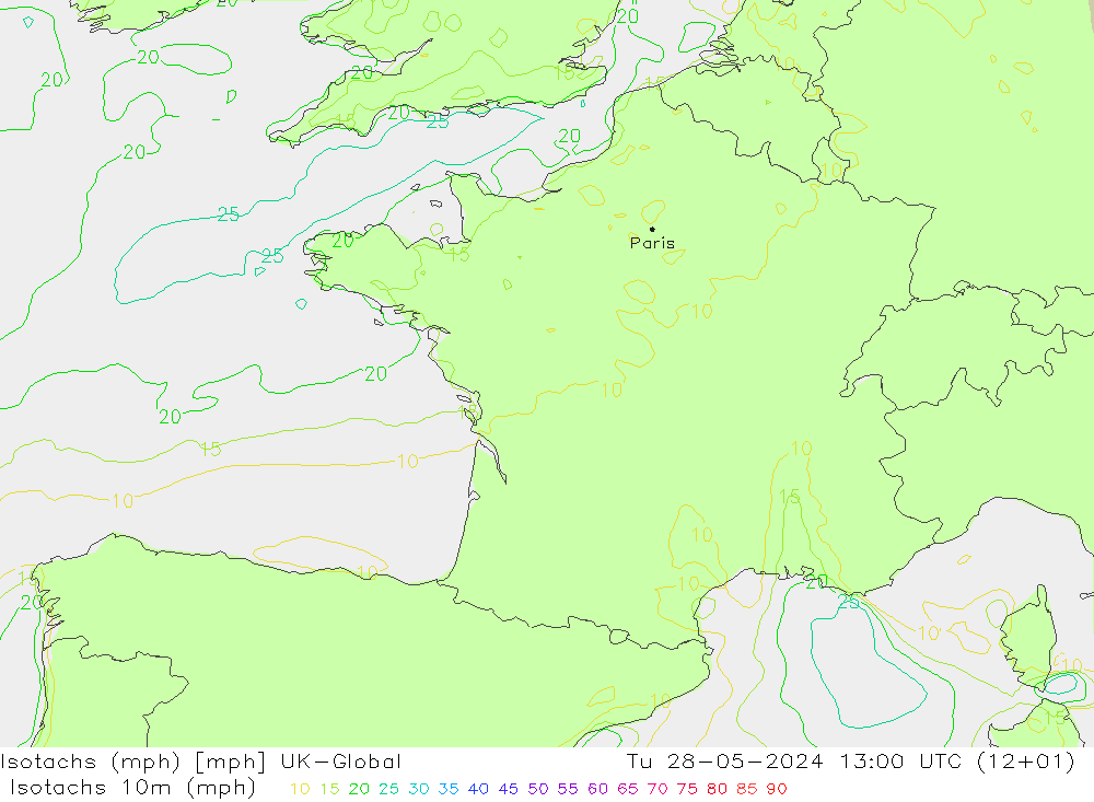 Isotachs (mph) UK-Global mar 28.05.2024 13 UTC