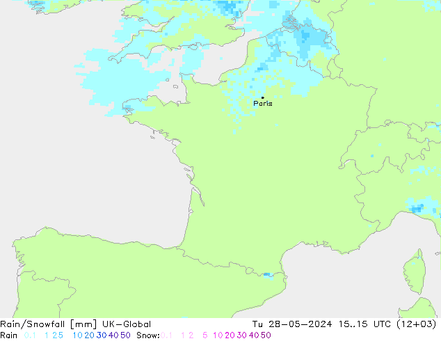 Rain/Snowfall UK-Global Tu 28.05.2024 15 UTC