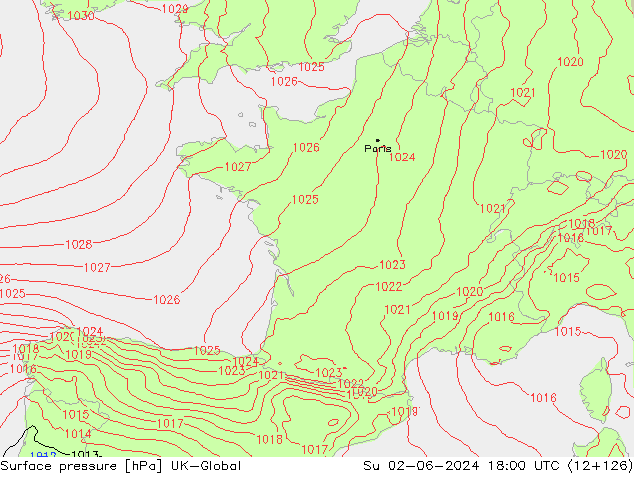 Pressione al suolo UK-Global dom 02.06.2024 18 UTC