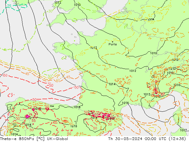 Theta-e 850hPa UK-Global do 30.05.2024 00 UTC