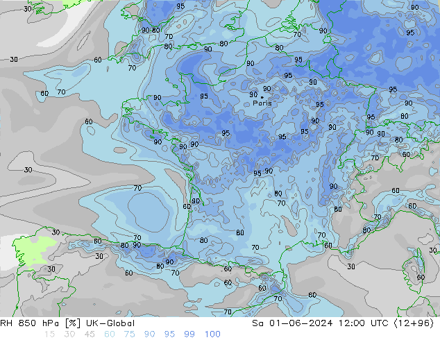 RH 850 гПа UK-Global сб 01.06.2024 12 UTC