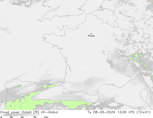 Bewolking (Totaal) UK-Global di 28.05.2024 13 UTC