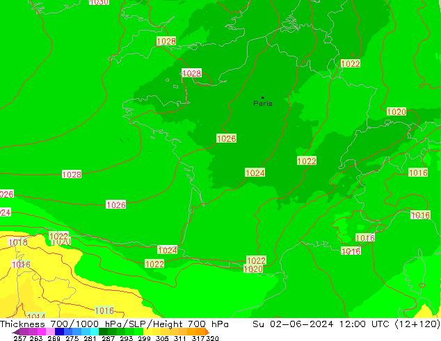 Espesor 700-1000 hPa UK-Global dom 02.06.2024 12 UTC