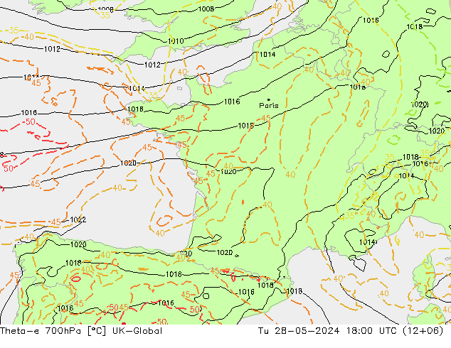 Theta-e 700hPa UK-Global Ter 28.05.2024 18 UTC