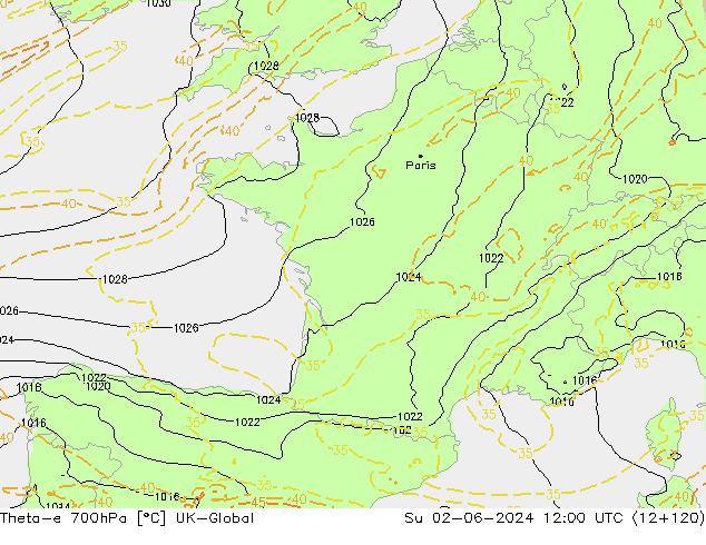 Theta-e 700hPa UK-Global Su 02.06.2024 12 UTC