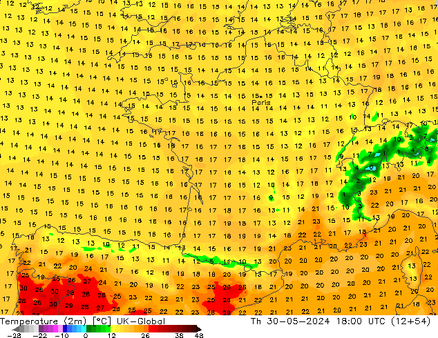 Temperatura (2m) UK-Global Qui 30.05.2024 18 UTC