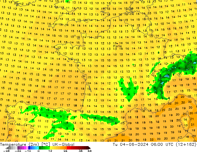 Temperature (2m) UK-Global Út 04.06.2024 06 UTC