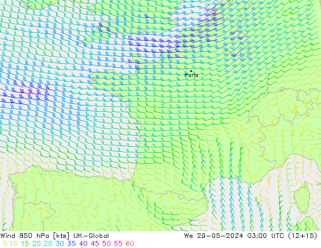 Wind 850 hPa UK-Global wo 29.05.2024 03 UTC