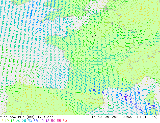 Vento 850 hPa UK-Global gio 30.05.2024 09 UTC