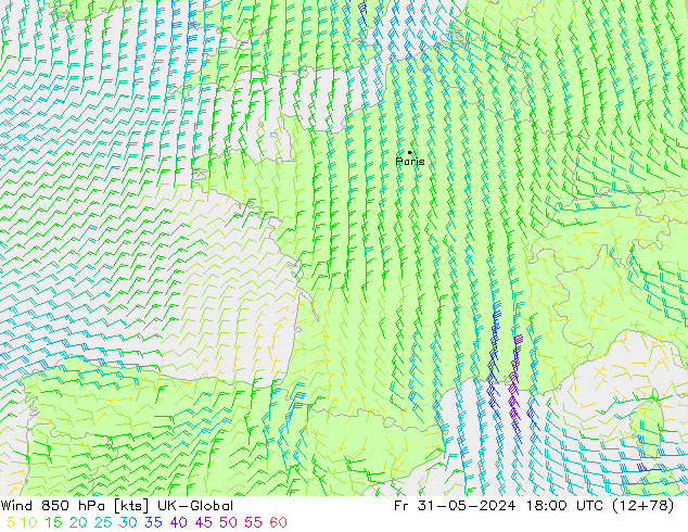 Rüzgar 850 hPa UK-Global Cu 31.05.2024 18 UTC