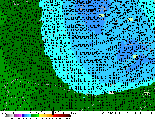 Hoogte/Temp. 500 hPa UK-Global vr 31.05.2024 18 UTC