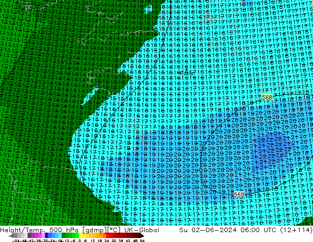 Height/Temp. 500 hPa UK-Global  02.06.2024 06 UTC