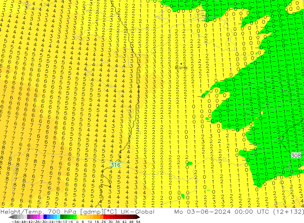 Height/Temp. 700 гПа UK-Global пн 03.06.2024 00 UTC