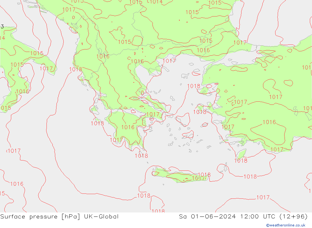 Pressione al suolo UK-Global sab 01.06.2024 12 UTC