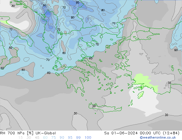 RH 700 гПа UK-Global сб 01.06.2024 00 UTC