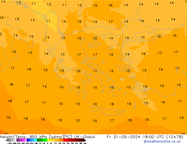 Hoogte/Temp. 850 hPa UK-Global vr 31.05.2024 18 UTC