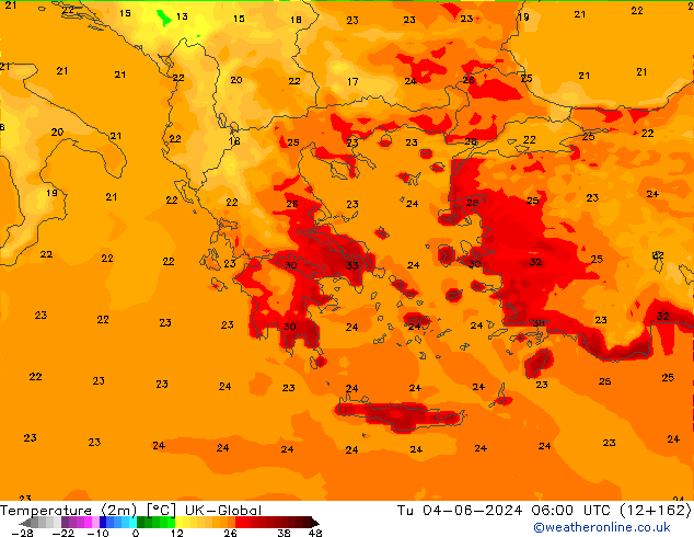 Temperature (2m) UK-Global Tu 04.06.2024 06 UTC