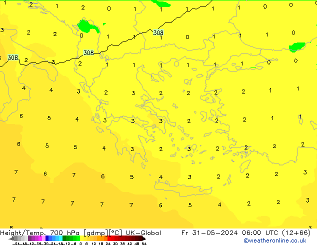 Height/Temp. 700 hPa UK-Global Pá 31.05.2024 06 UTC