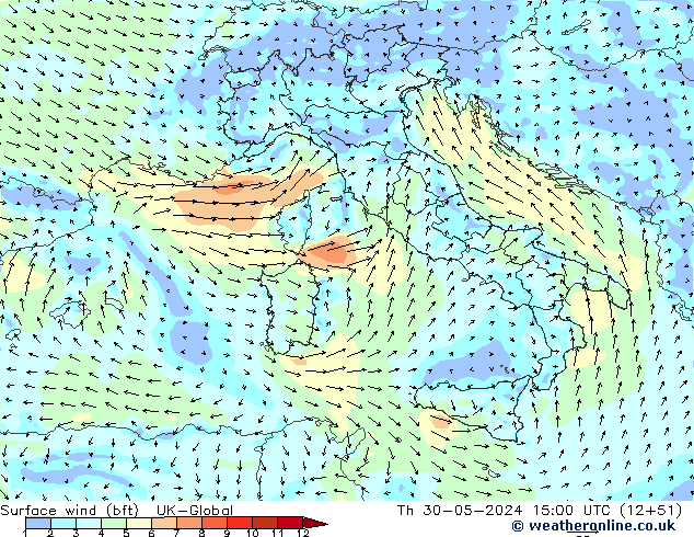 wiatr 10 m (bft) UK-Global czw. 30.05.2024 15 UTC