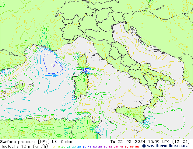 Isotachs (kph) UK-Global mar 28.05.2024 13 UTC