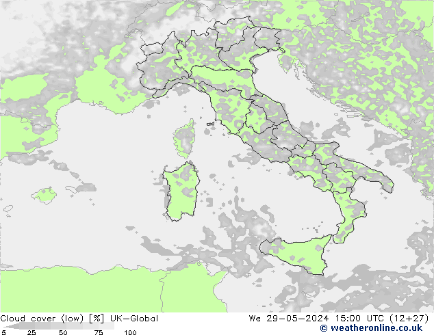 Bewolking (Laag) UK-Global wo 29.05.2024 15 UTC