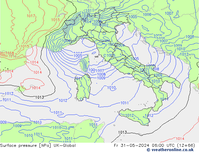 Pressione al suolo UK-Global ven 31.05.2024 06 UTC