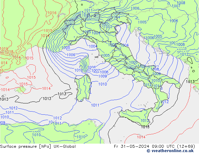 Atmosférický tlak UK-Global Pá 31.05.2024 09 UTC