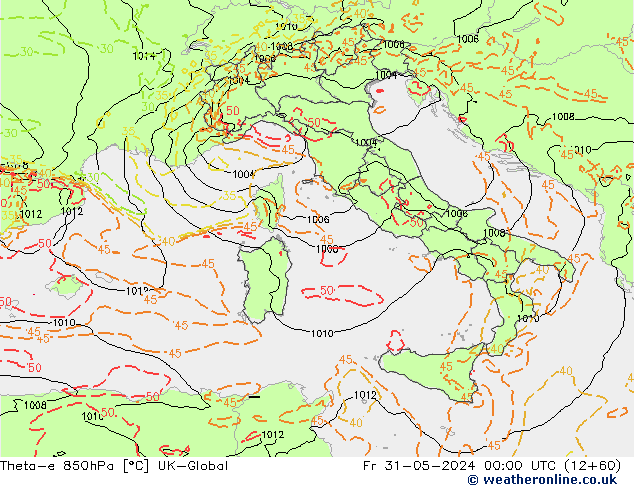 Theta-e 850hPa UK-Global ven 31.05.2024 00 UTC