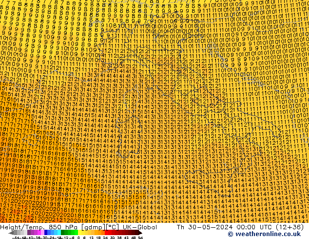 Height/Temp. 850 hPa UK-Global Th 30.05.2024 00 UTC