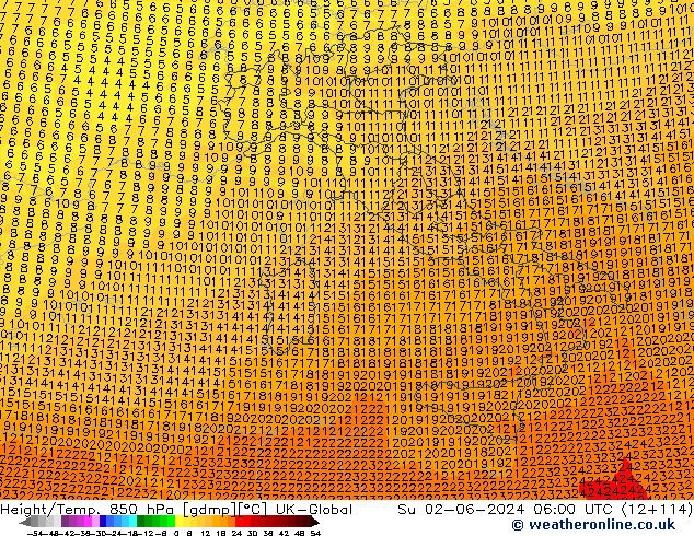 Height/Temp. 850 hPa UK-Global Su 02.06.2024 06 UTC