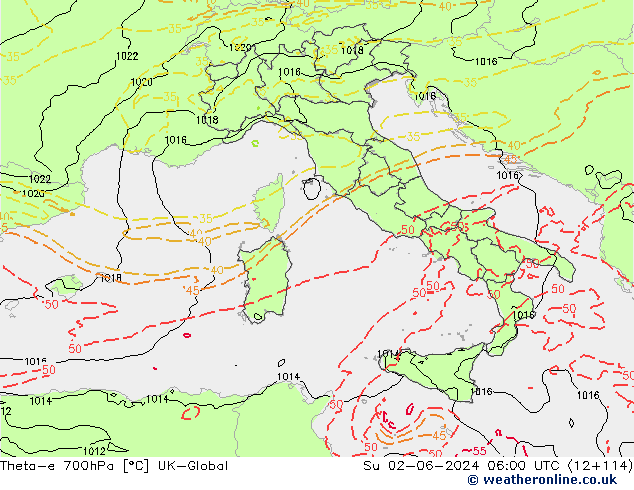 Theta-e 700гПа UK-Global Вс 02.06.2024 06 UTC