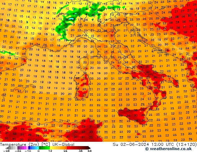 Temperature (2m) UK-Global Su 02.06.2024 12 UTC