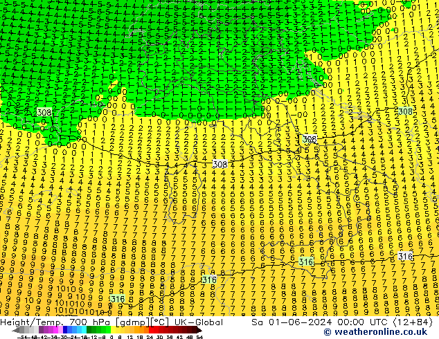 Hoogte/Temp. 700 hPa UK-Global za 01.06.2024 00 UTC