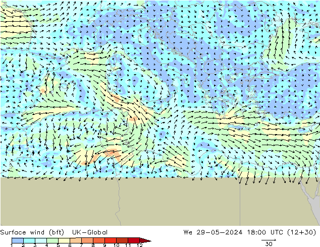 Vento 10 m (bft) UK-Global mer 29.05.2024 18 UTC