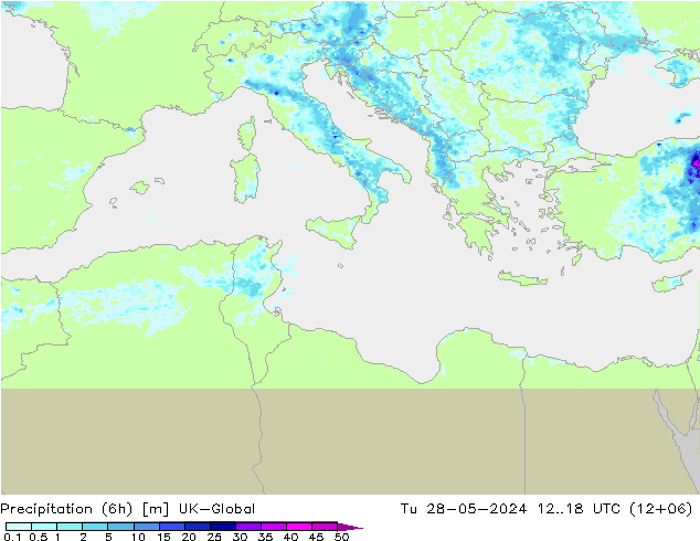 Totale neerslag (6h) UK-Global di 28.05.2024 18 UTC