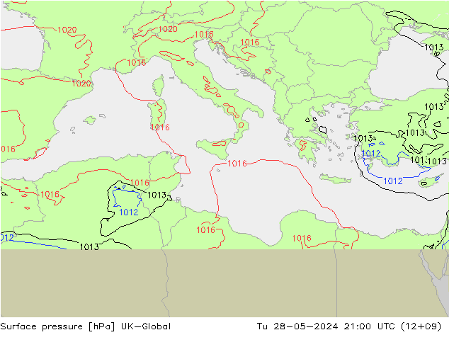 Surface pressure UK-Global Tu 28.05.2024 21 UTC